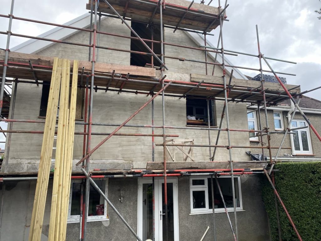 Scaffolding on the outside of a house